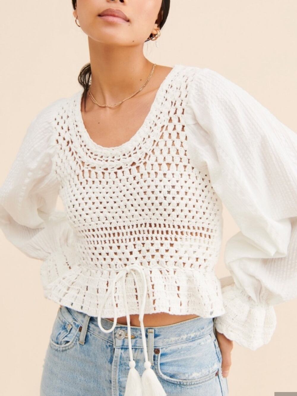 Free People Megan Crochet Top Creamy White Boho Long Sleeve Blouse size large